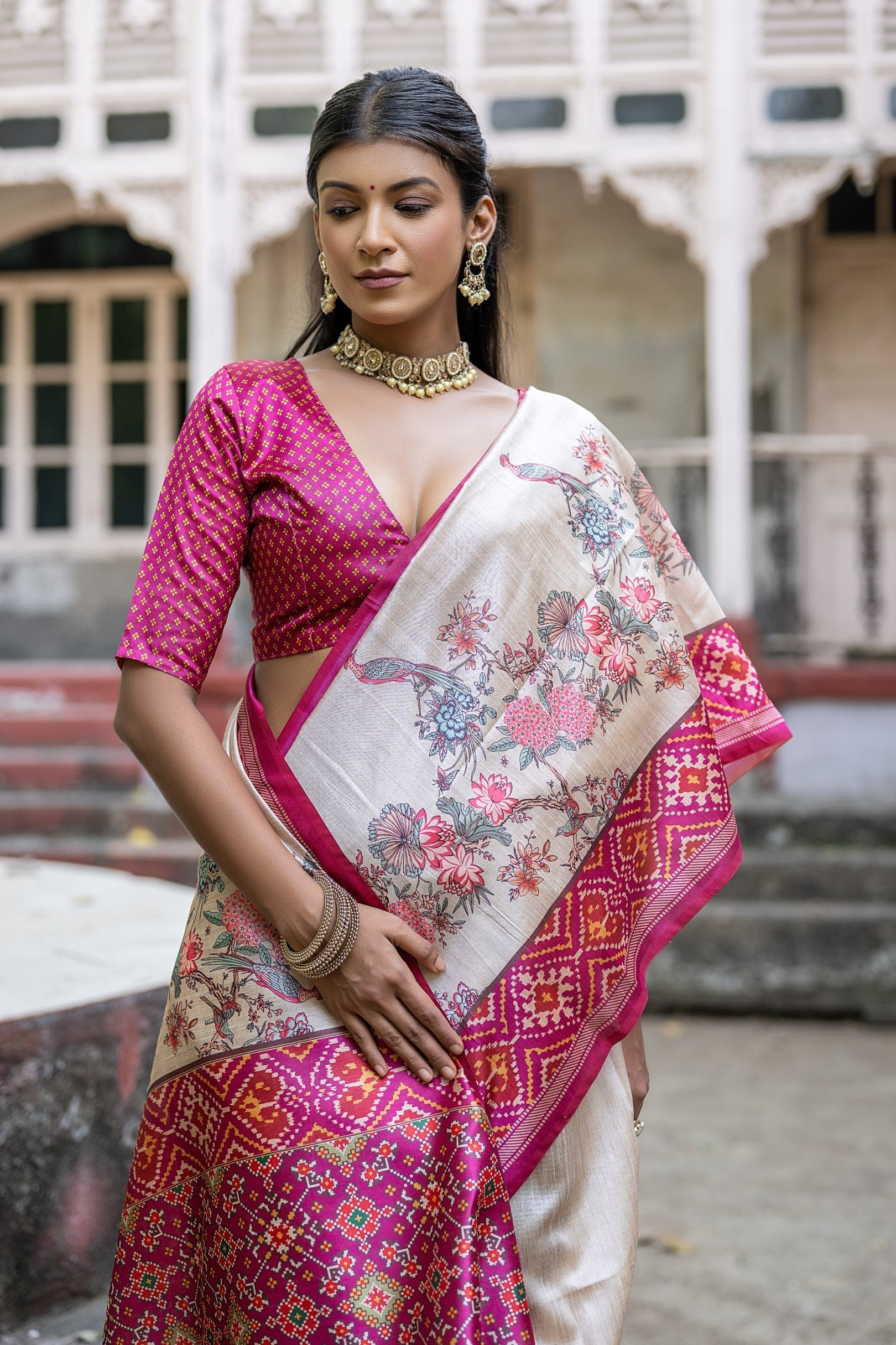 Violet Pink Tussar Silk Saree