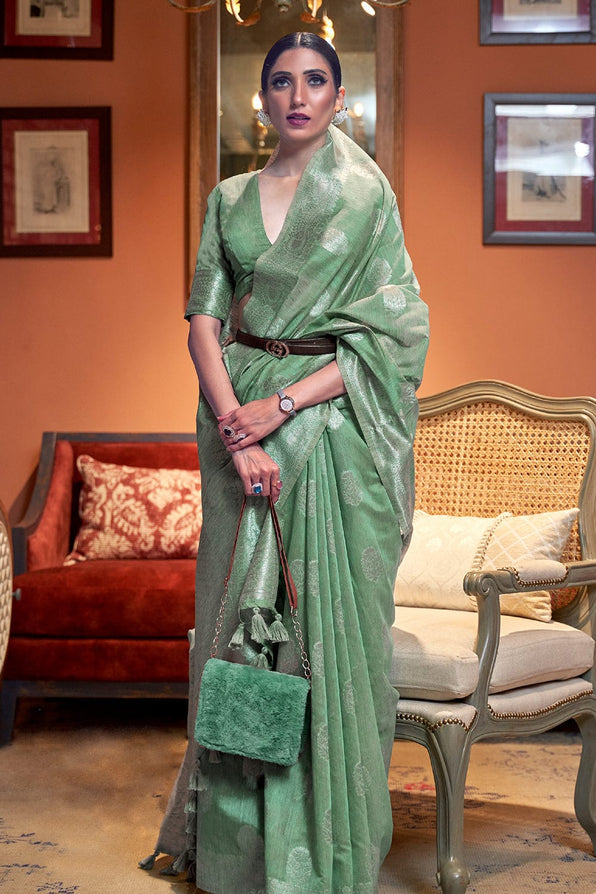 Bay Leaf Green Zari Woven Linen Saree