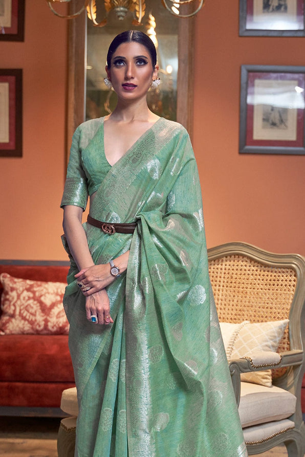 Bay Leaf Green Zari Woven Linen Saree