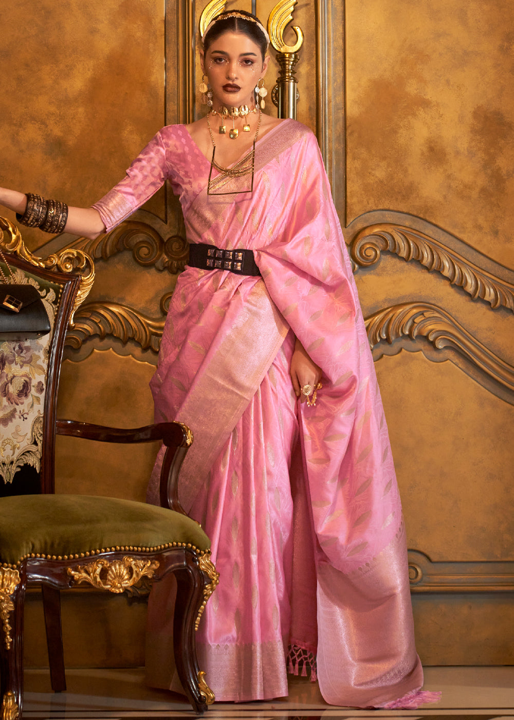 Salmon Pink Banarasi Satin Silk Saree