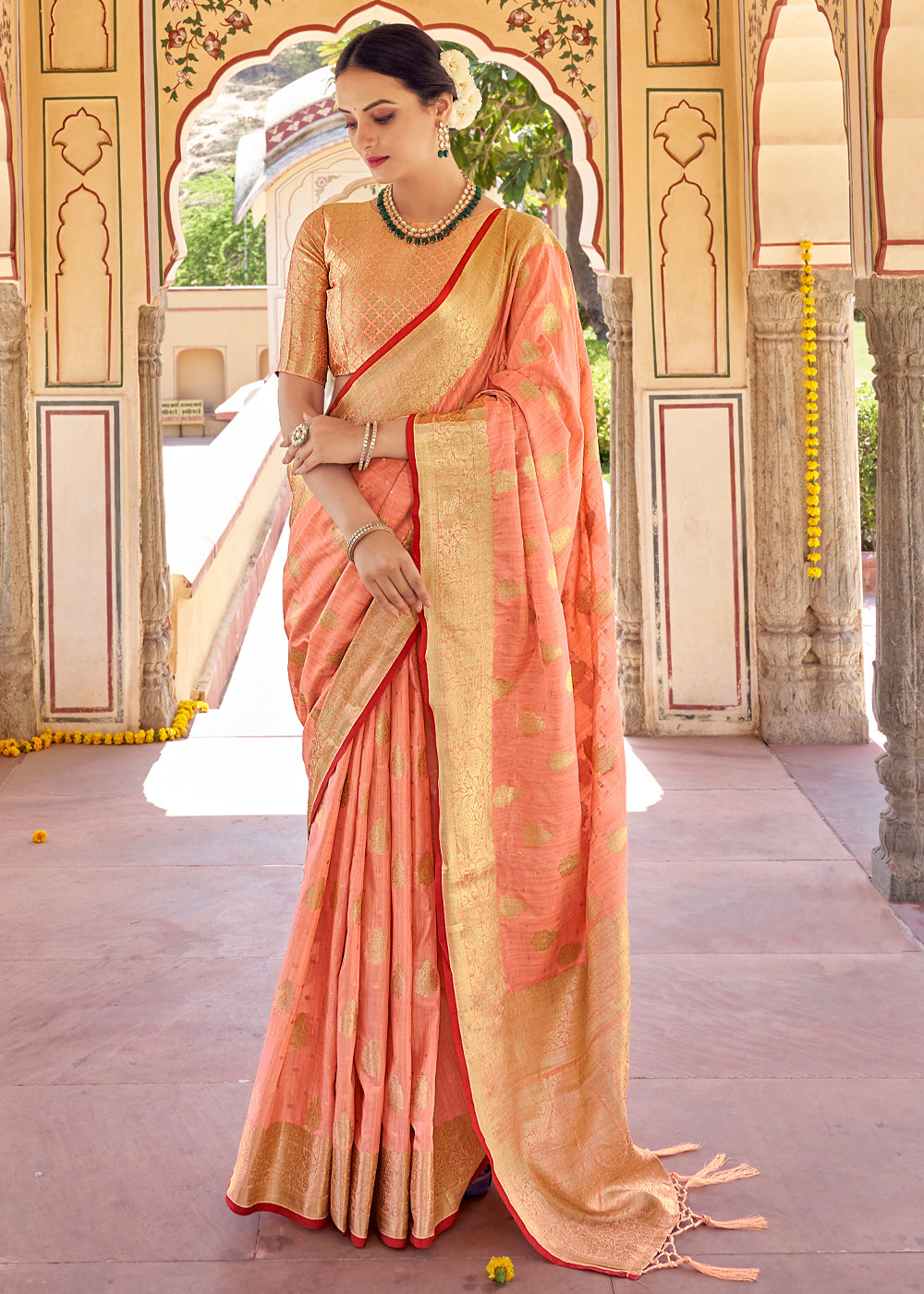 Sienna Peach Zari Woven Banarasi Linen Saree