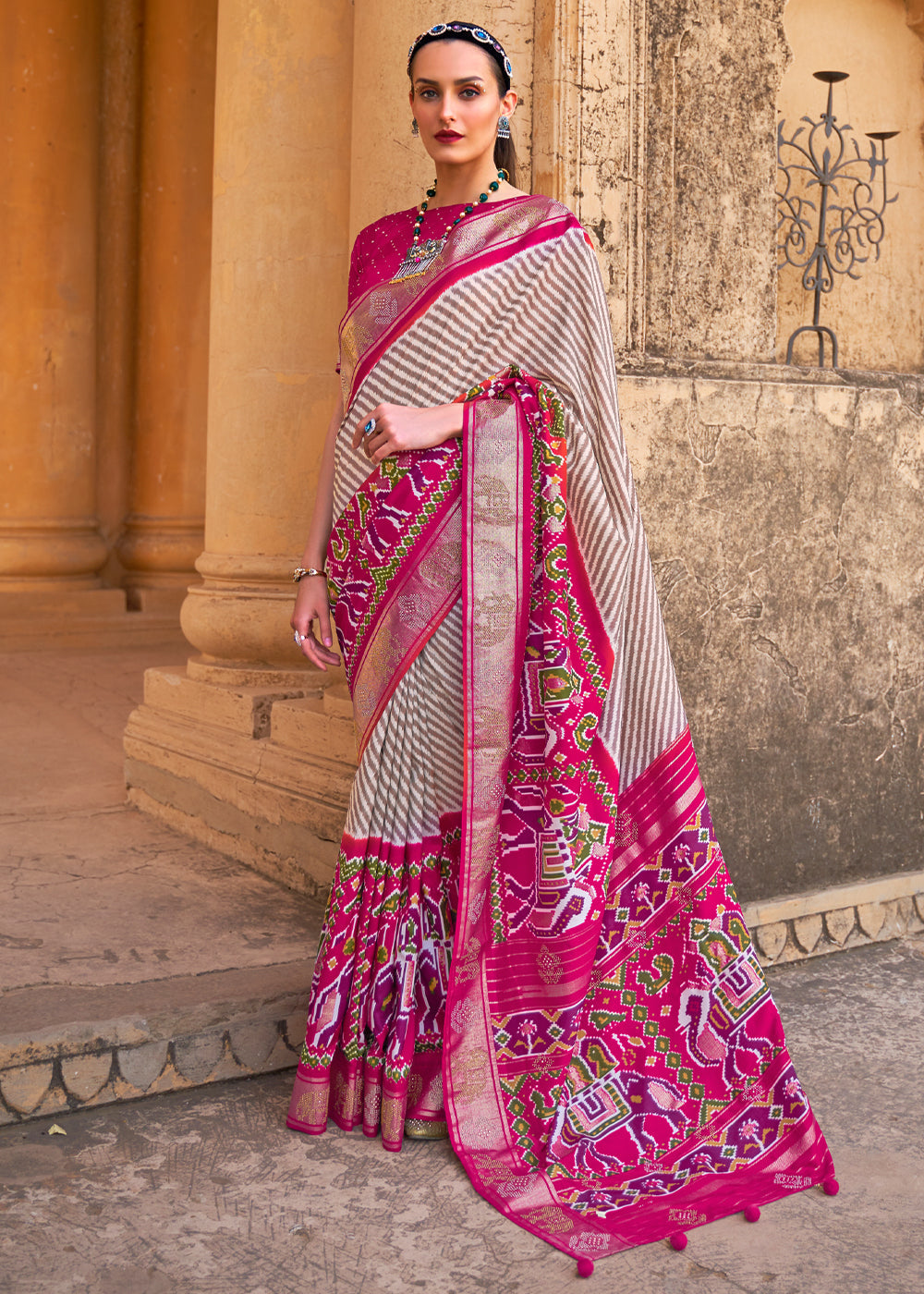 Night White and Dark Pink Zari Woven Patola Saree