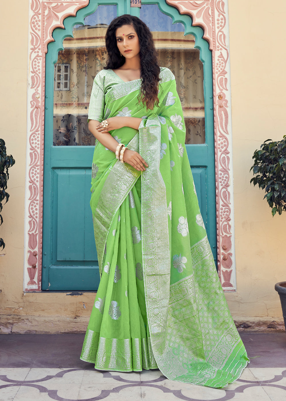 Reef Green Zari Woven Banarasi Linen Saree