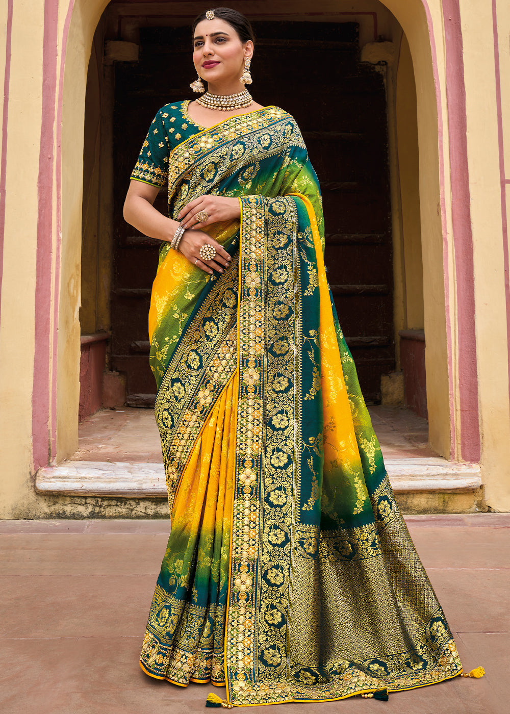 Sun Yellow and Green Embroidered Dola Silk Saree