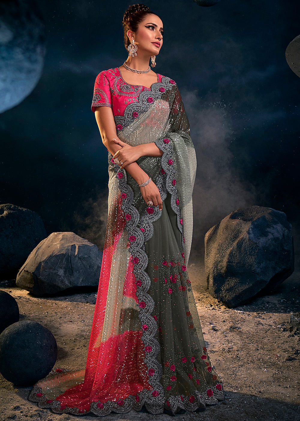 Makara Grey and Pink Designer Silk Saree