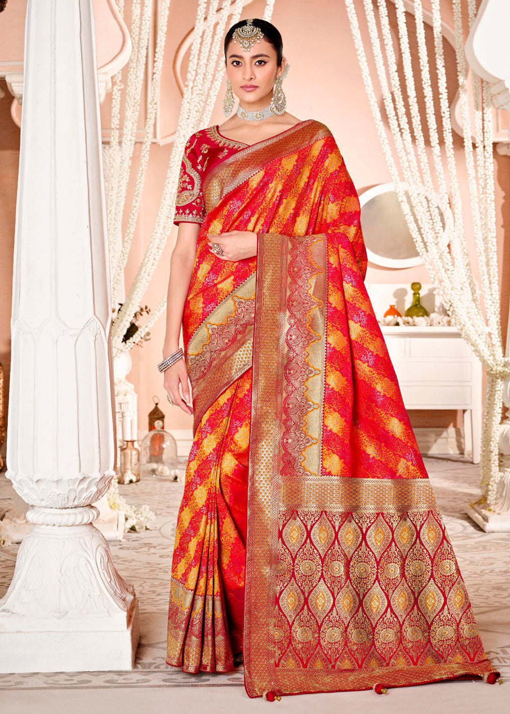 Salmon Red Zari Woven Banarasi Saree with Designer Blouse