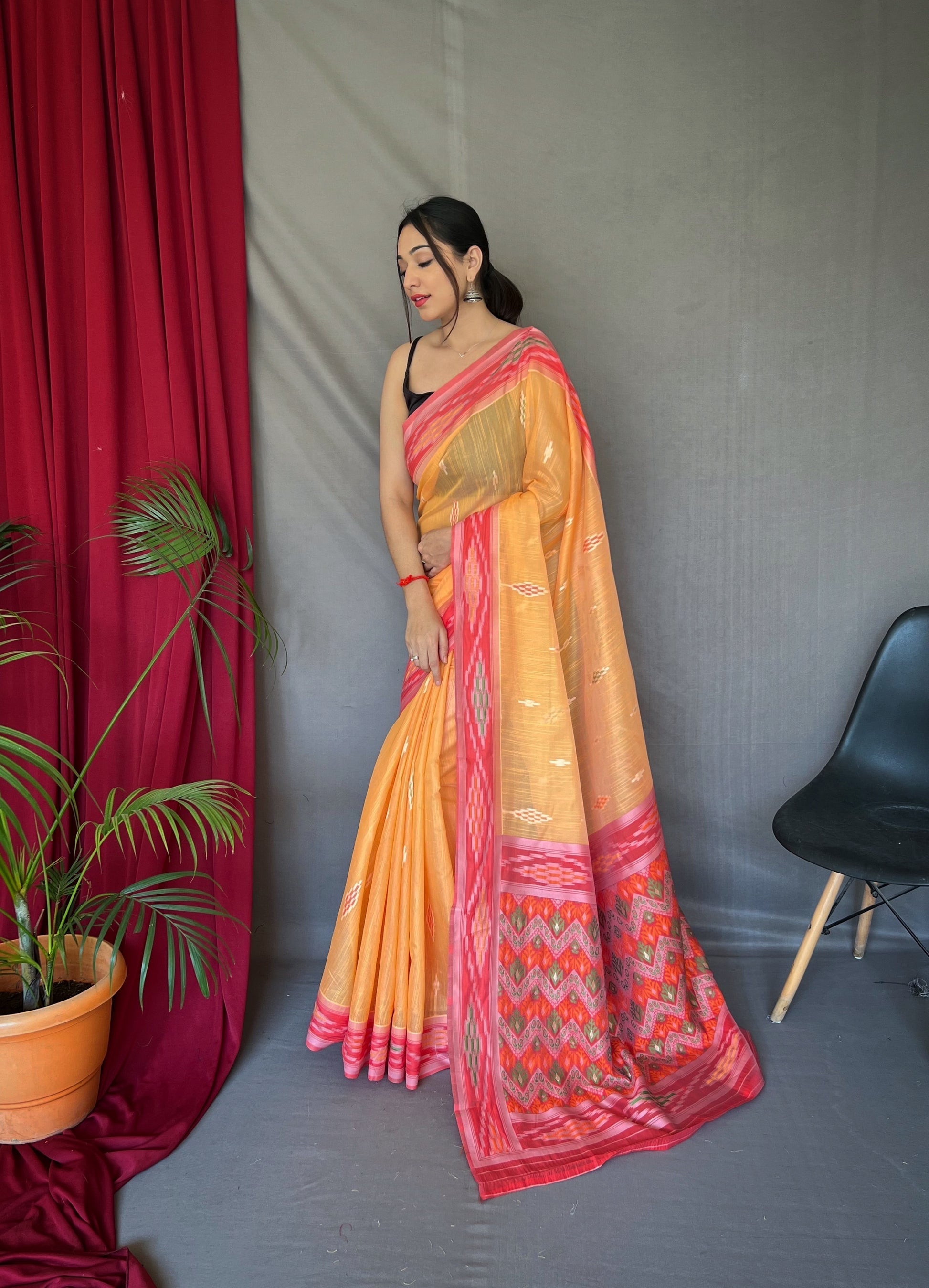 Rajah Orange Ikat Woven Cotton Silk Saree