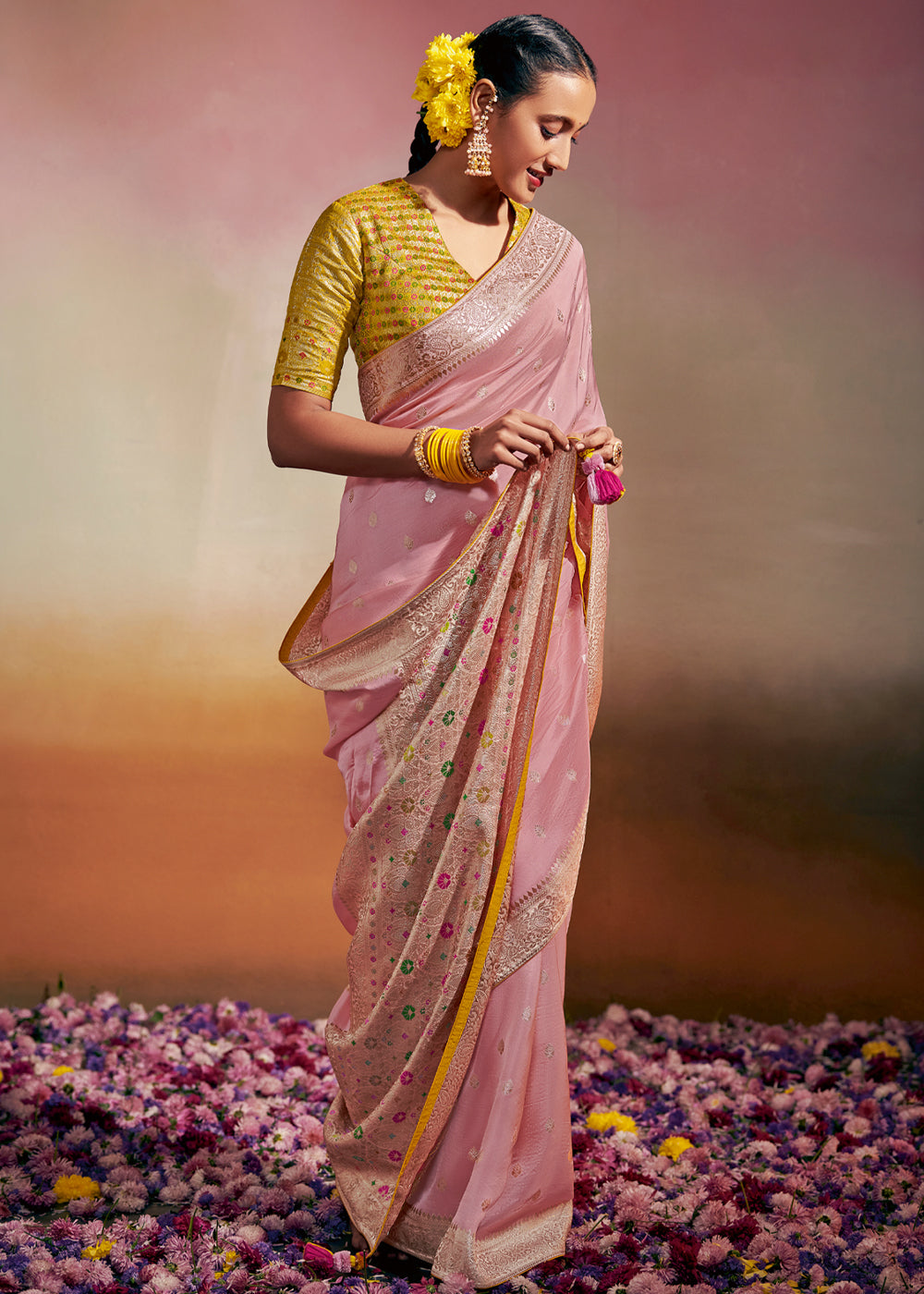 Azalea Pink and Yellow Woven Banarasi Soft Silk Saree