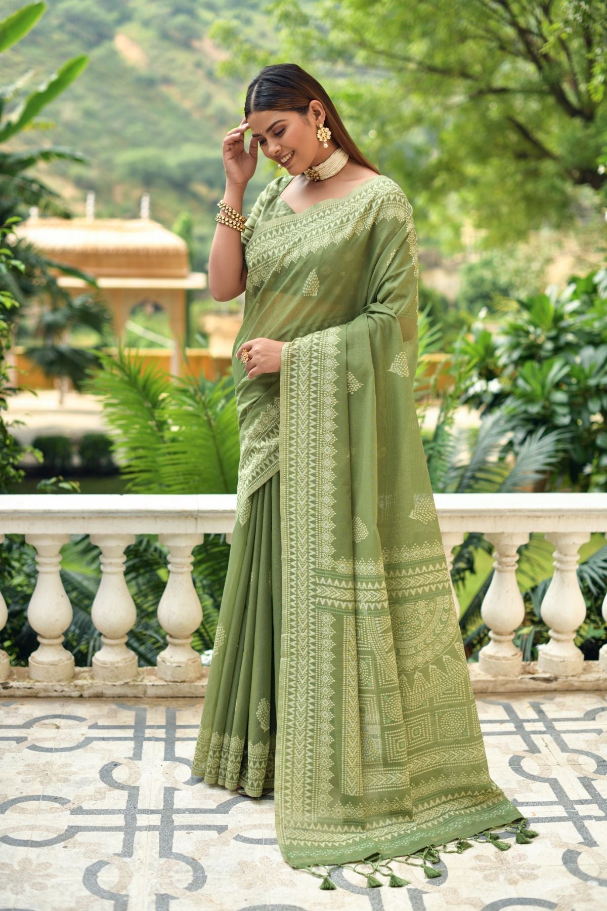 Verdigris Green Lucknowi Cotton Saree