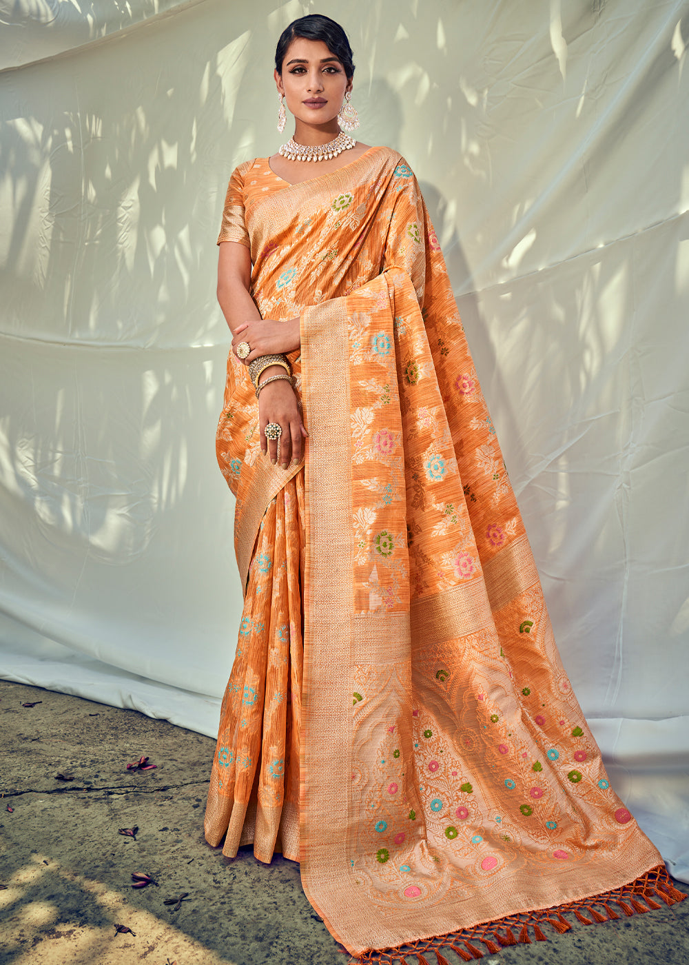 Porsche Orange Zari Woven Banarasi Linen Saree