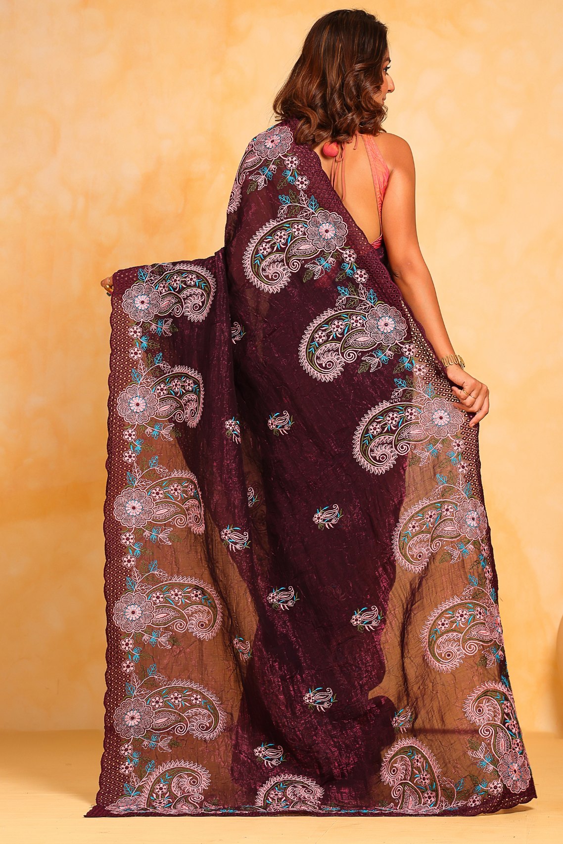 Cocao Bean Purple Embroidered Georgette Saree