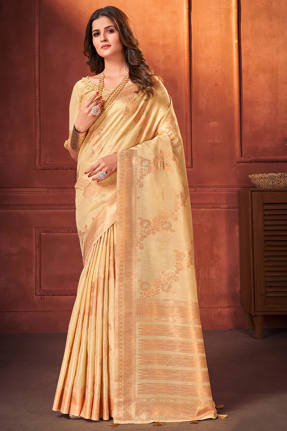 Gold Sand Cotton Tissue Silk Saree