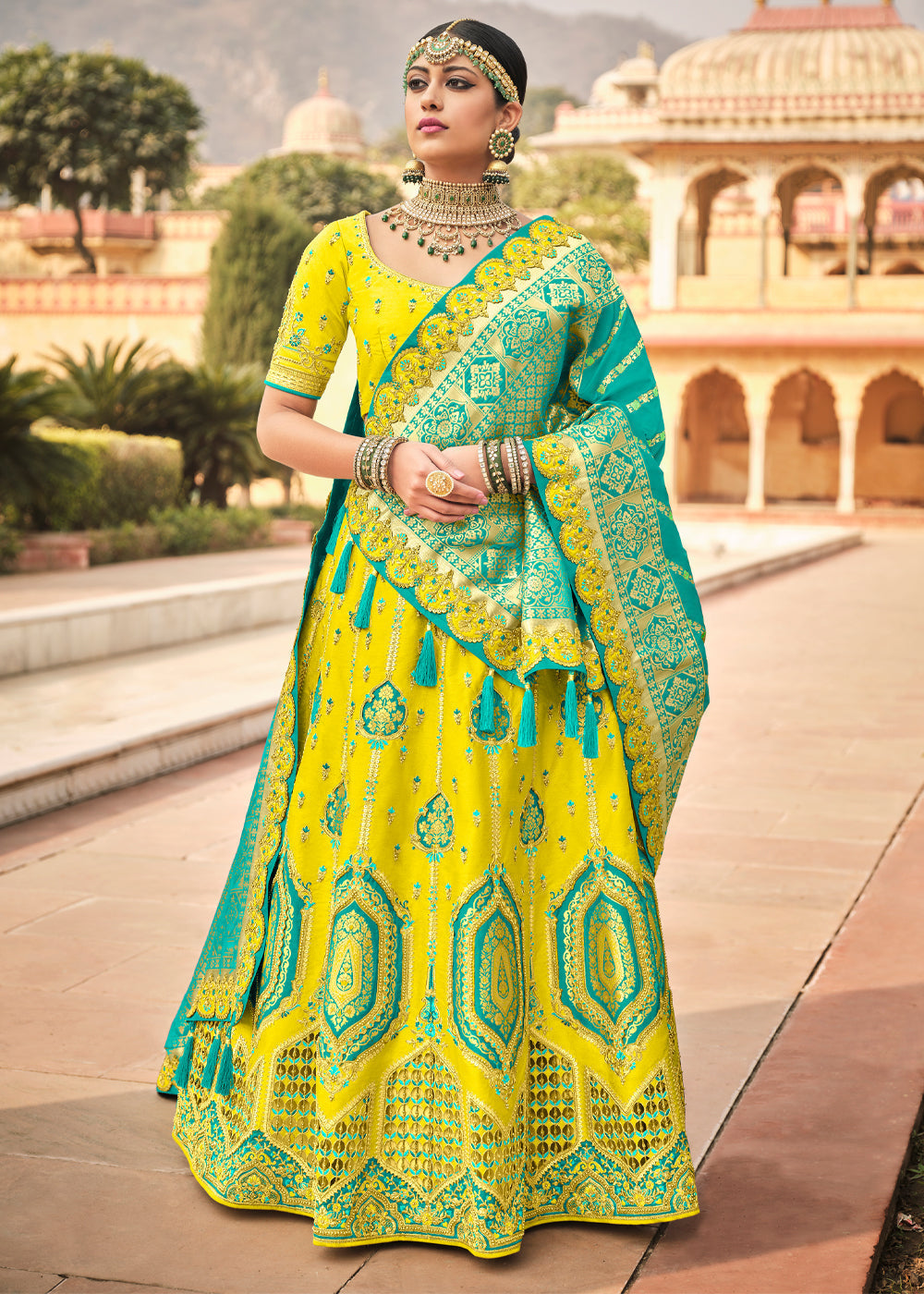 Lemon Yellow and Blue Heavy Designer Embroidered Lehenga