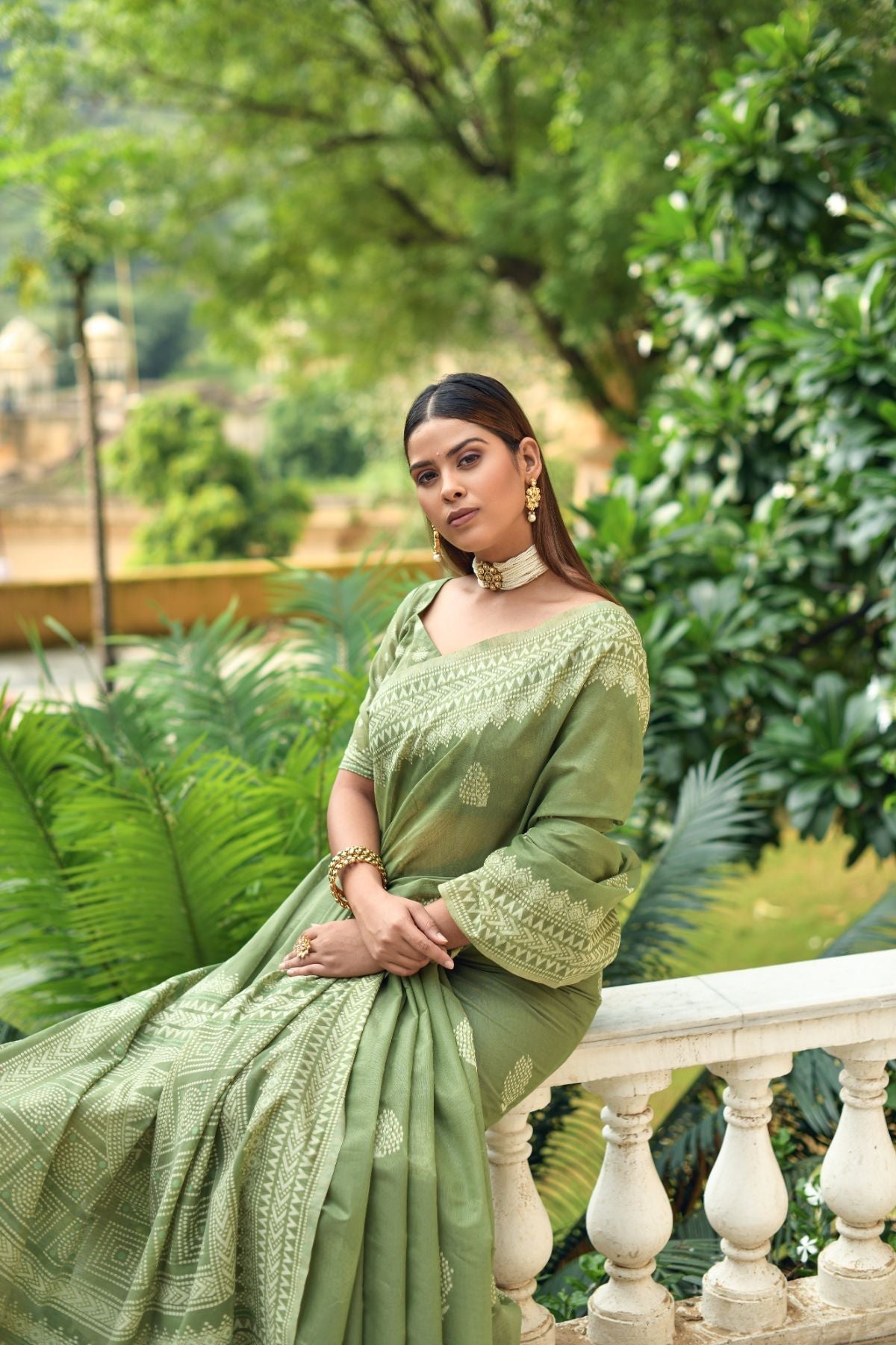 Verdigris Green Lucknowi Cotton Saree