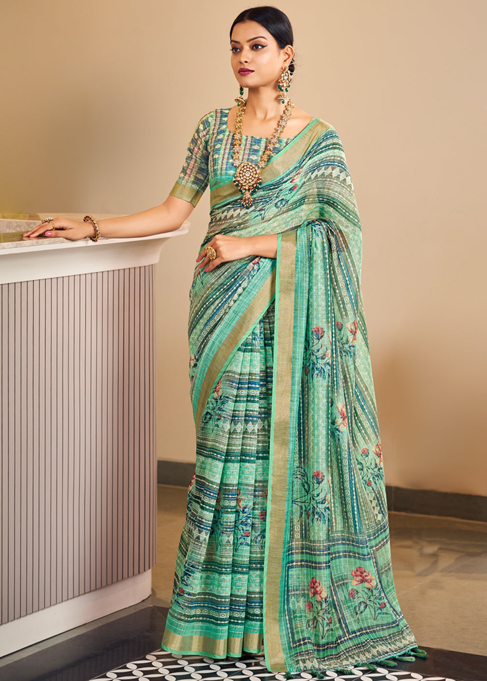 Silver Tree Green Linen Saree with Digital Print