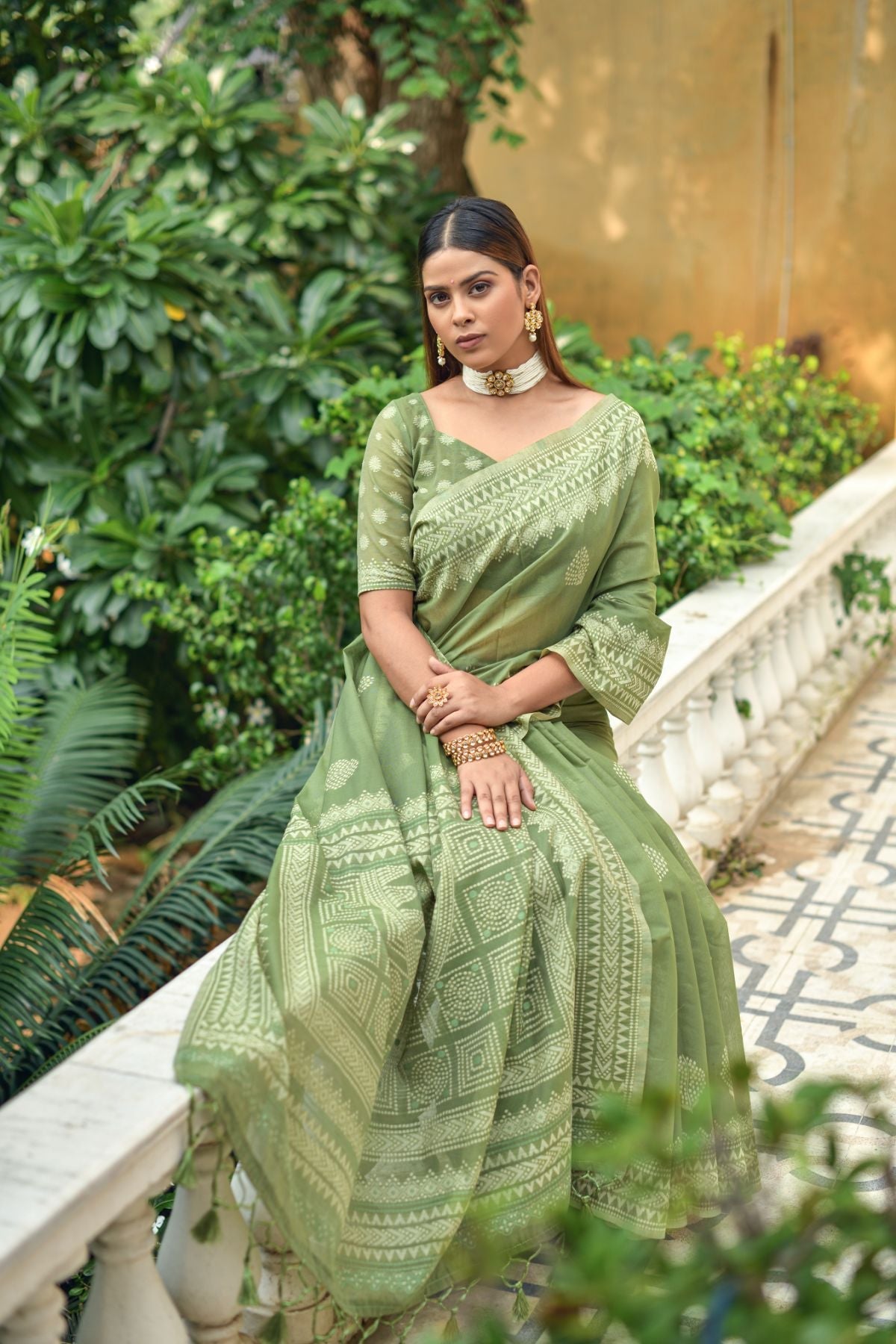 Verdigris Green Lucknowi Cotton Saree