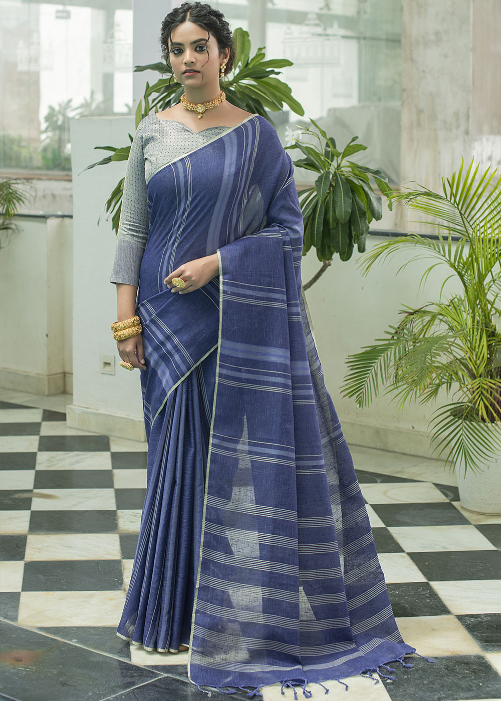 San Juan Blue Zari Woven Striped Linen Saree