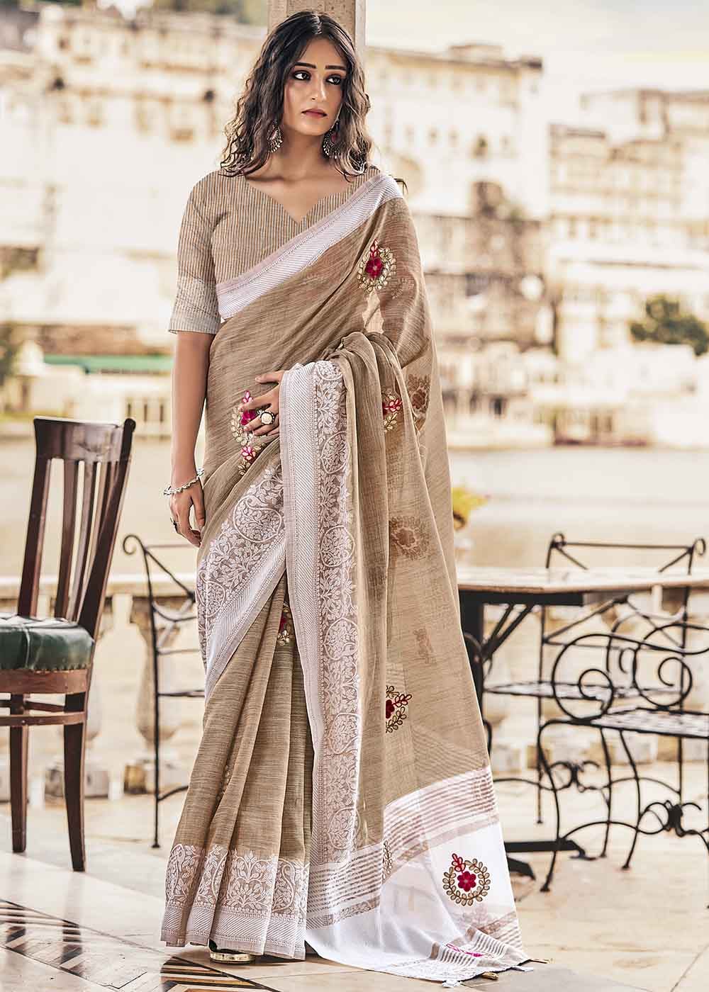 Khaki Light Brown Zari Woven Soft Linen Silk Saree