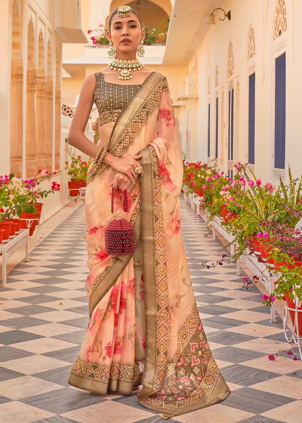 Plum Peach Woven Printed Chiffon Patola Silk Saree