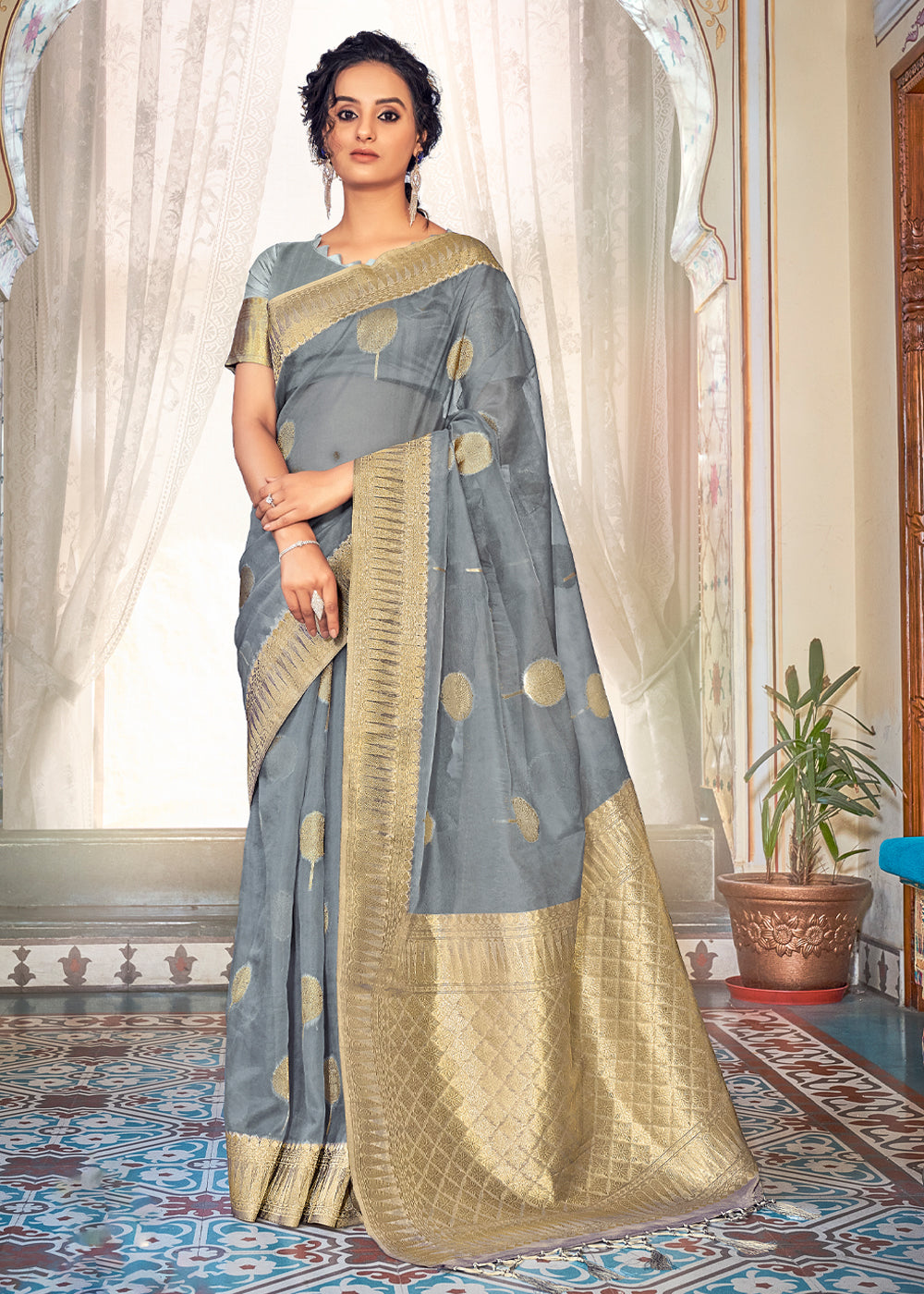 Silver Sand Grey Zari Woven Banarasi Organza Saree