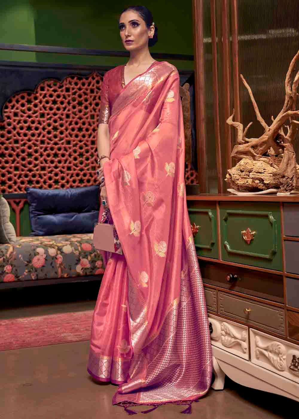 Froly Pink Zari Woven Two Tone Organza Saree