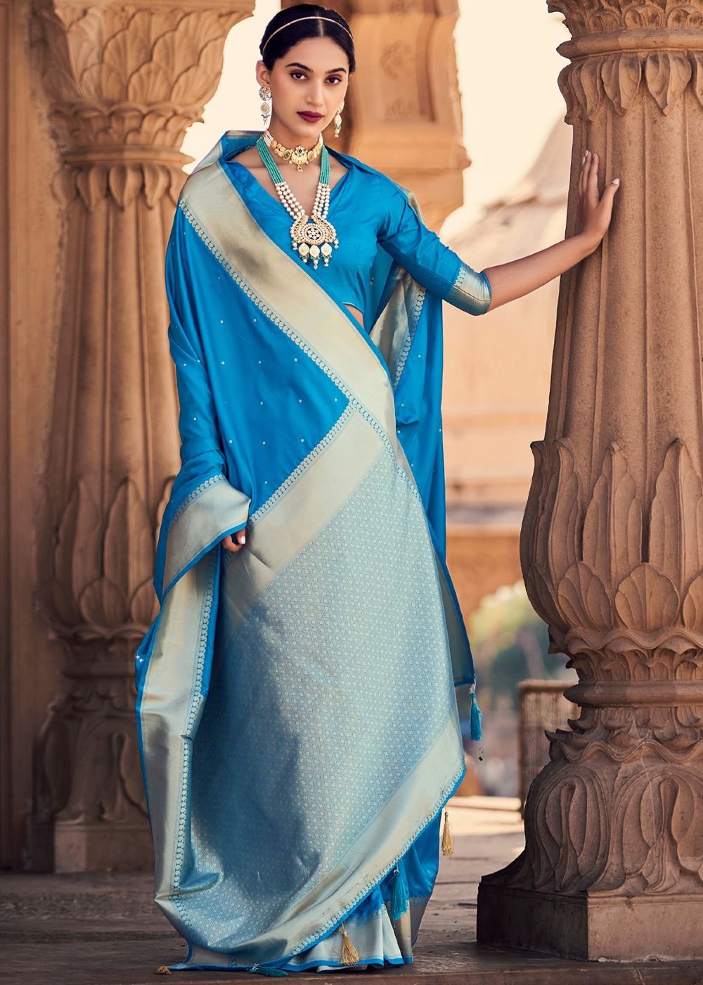 Cerulean Blue Woven Banarasi Satin Silk Saree