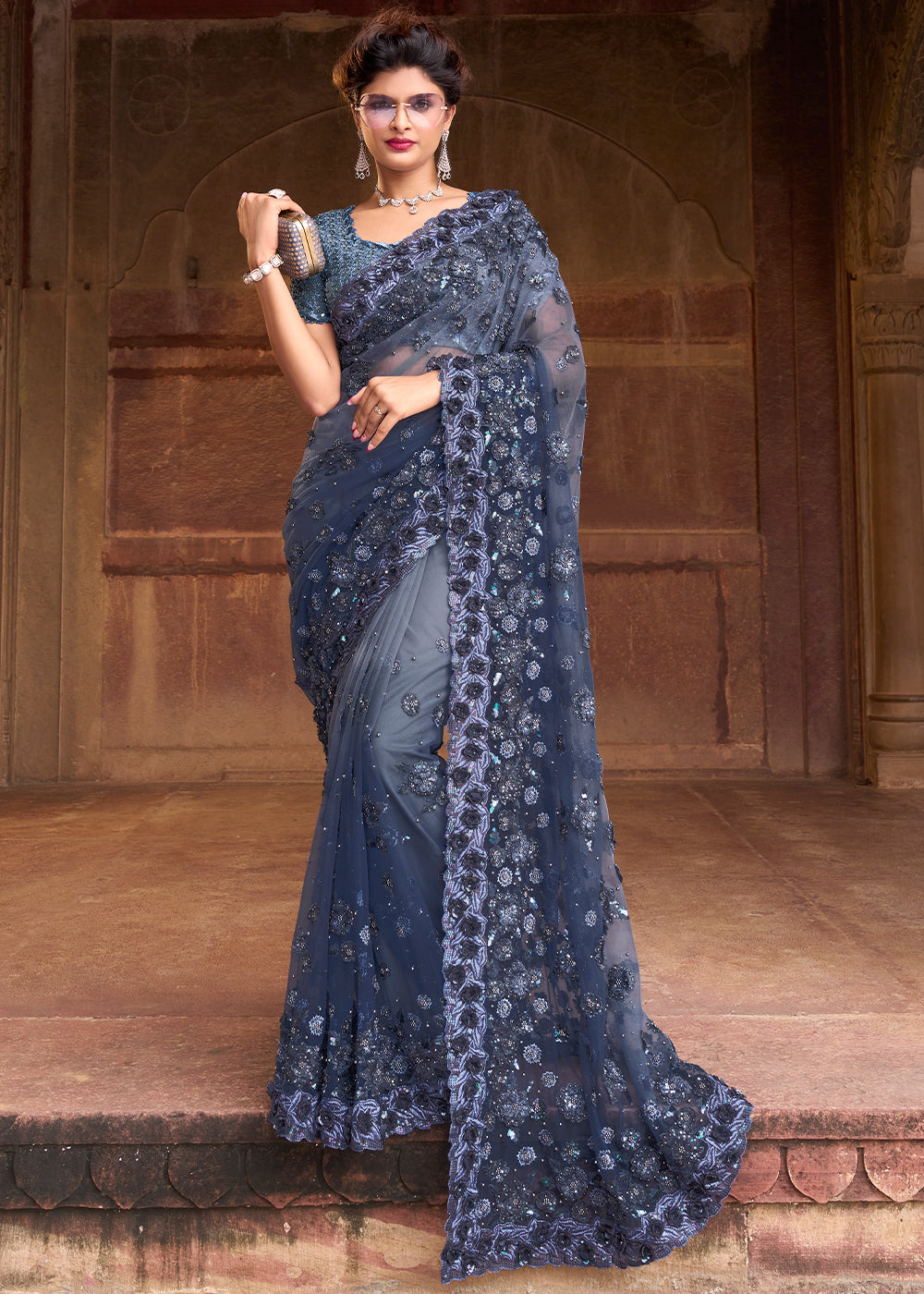 Comet Blue Designer Silk Saree