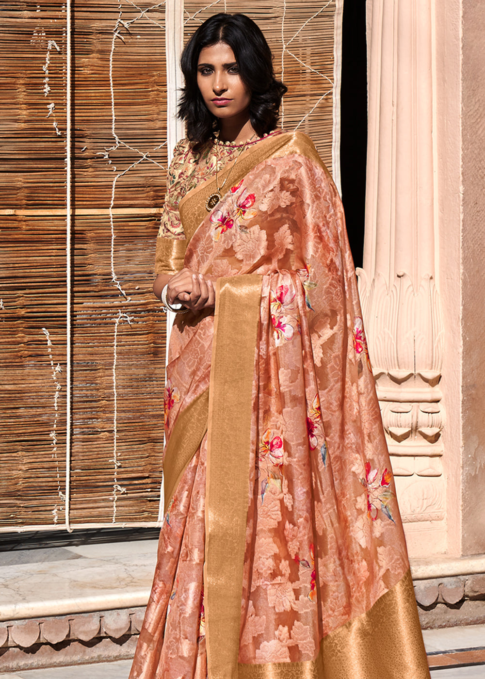 Flower Peach Digital Printed Banarasi Cotton Saree