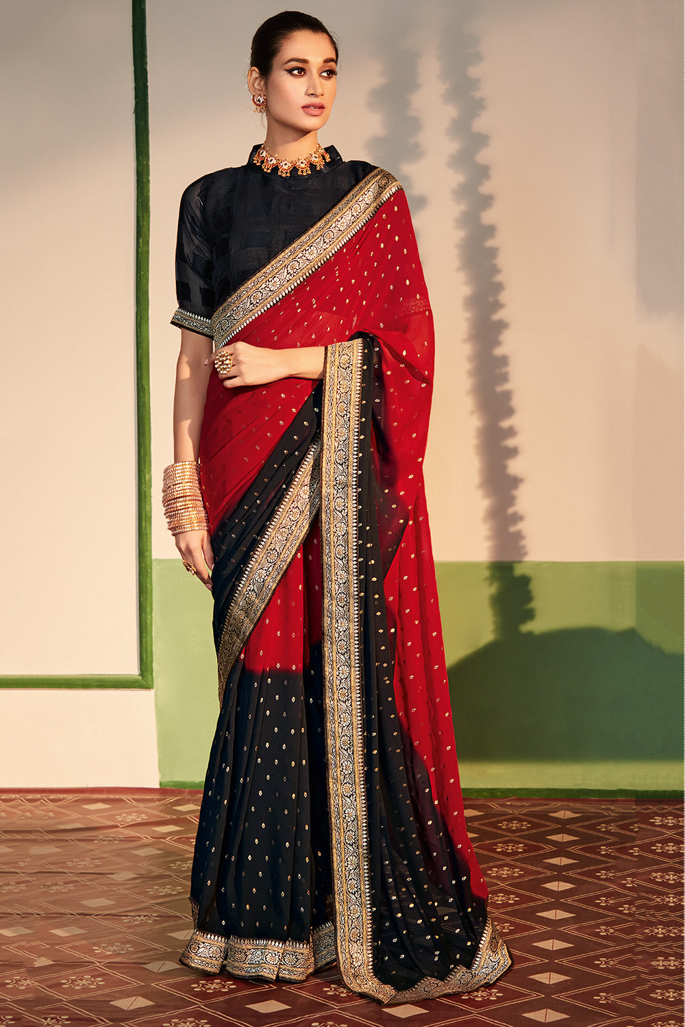 Thunderbird Red and Black Printed Georgette Saree