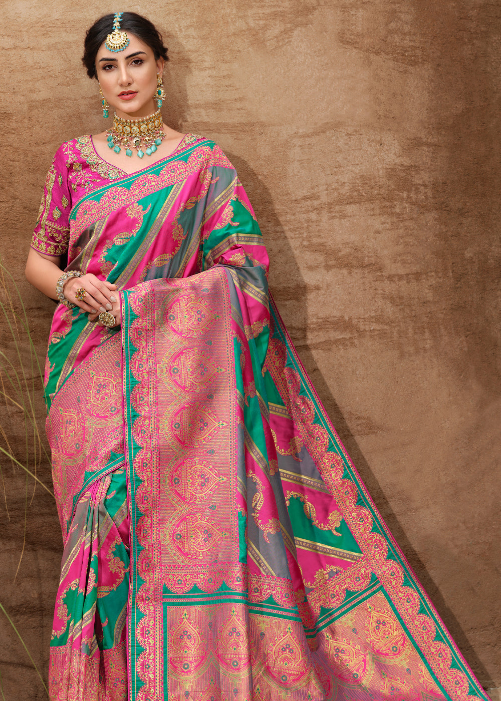 Mandy Pink and Green Woven Designer Banarasi Silk Saree