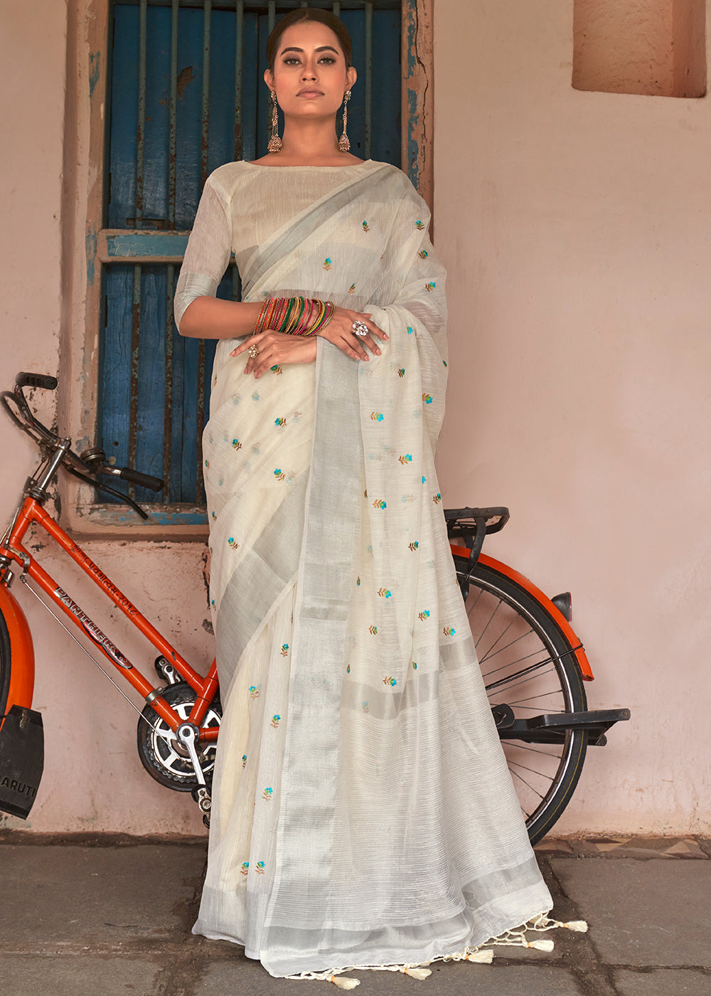 Pearl White Floral Embroidered Linen Saree