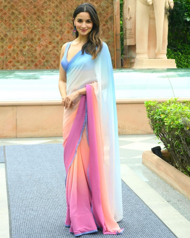 Alia Bhatt Inspired pink and blue soft georgette partywear saree