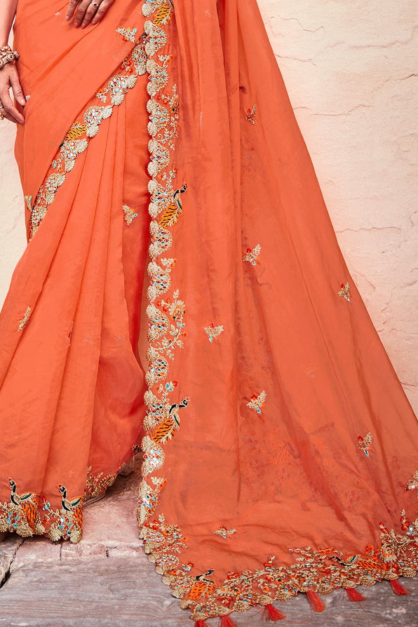 Flamingo Orange and Green Organza Saree