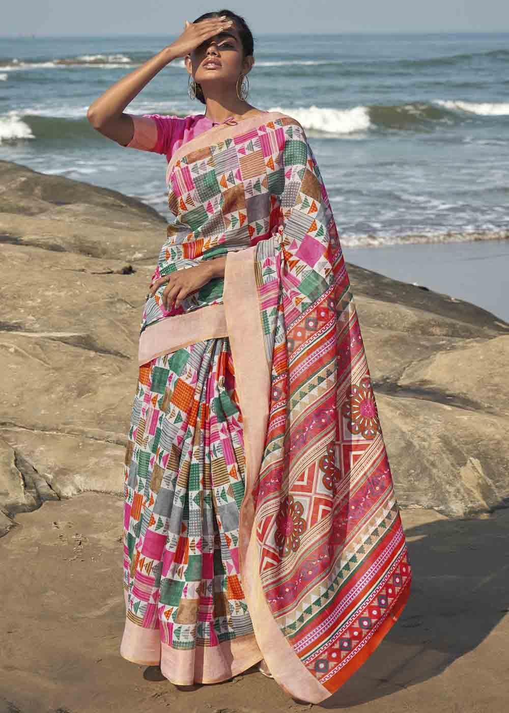 Cinnamon Multicolored Printed Cotton Saree