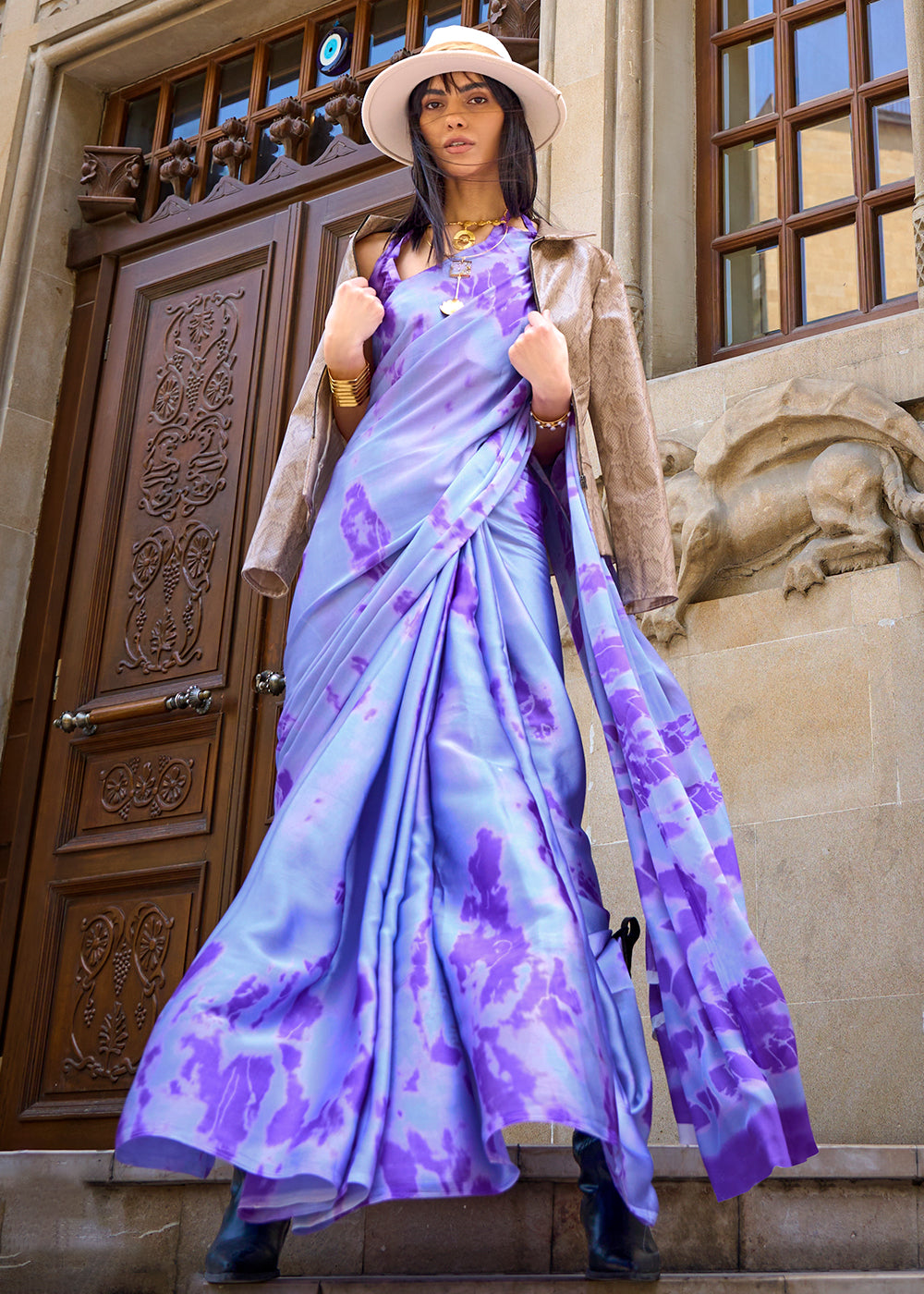 Medium Purple Printed Satin Crepe Sarees