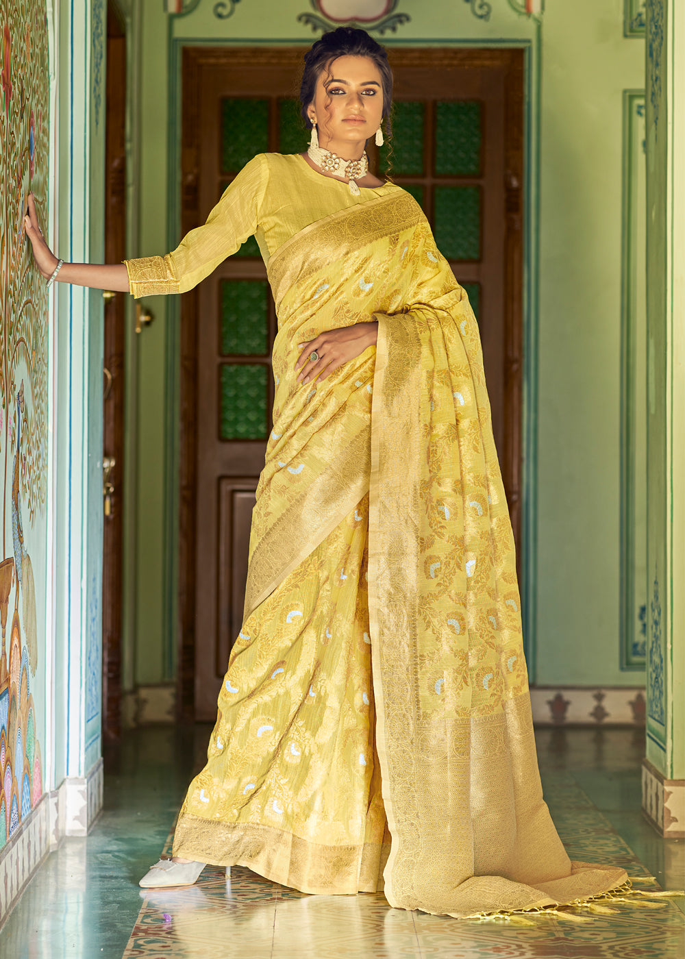 Pearl Yellow Zari Woven Banarasi Linen Saree