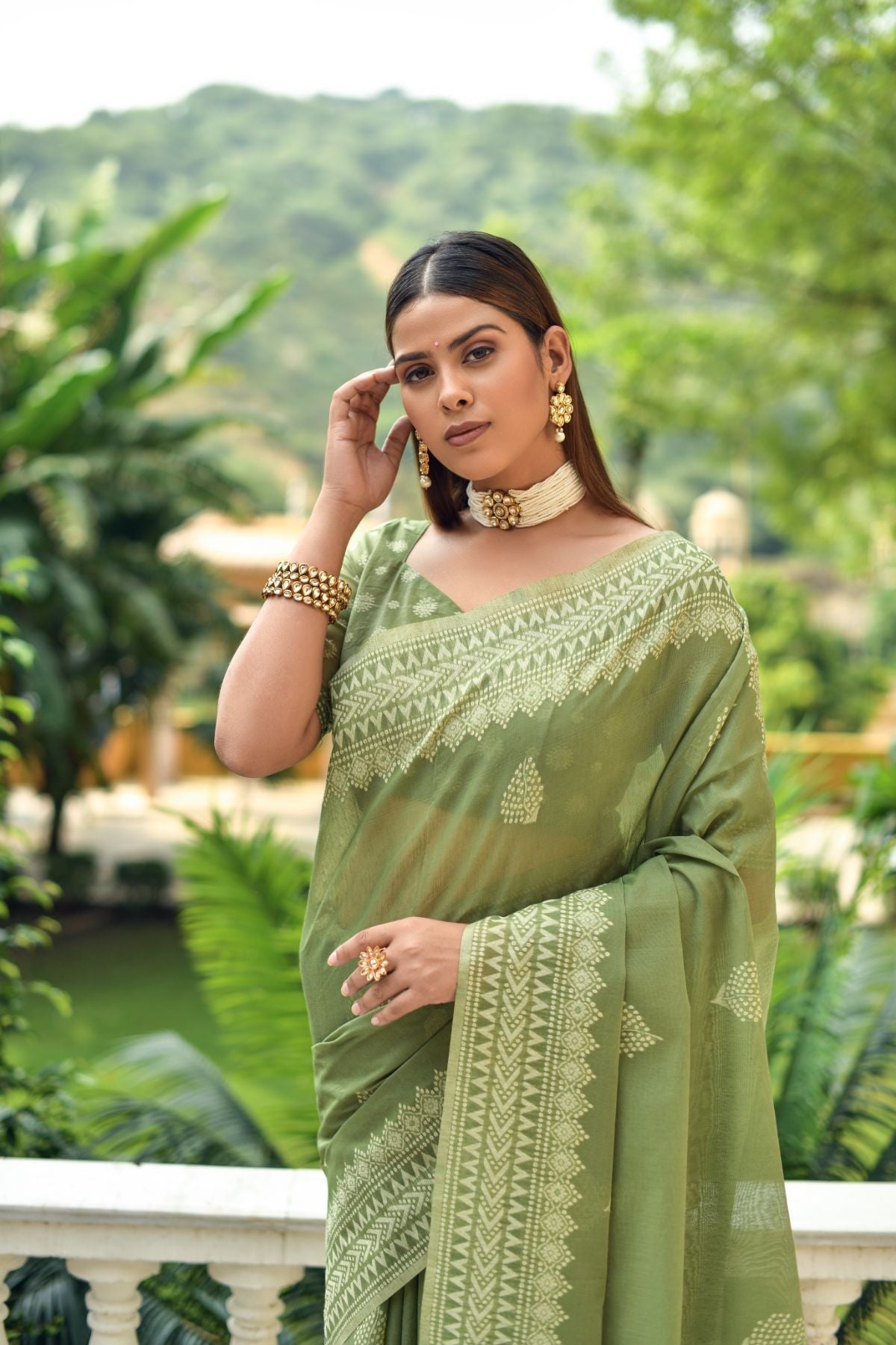 Verdigris Green Lucknowi Cotton Saree