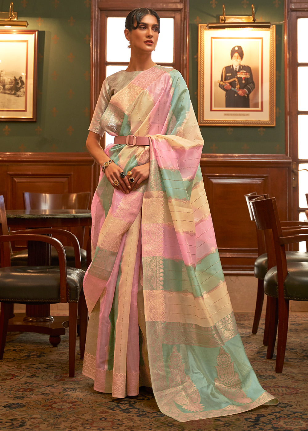 Sea Pink Blue and Yellow Zari Woven Banarasi Organza Saree