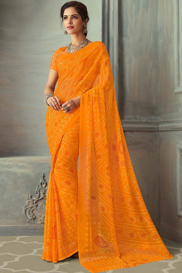 Salomie Orange Chiffon Bandhani Printed Saree