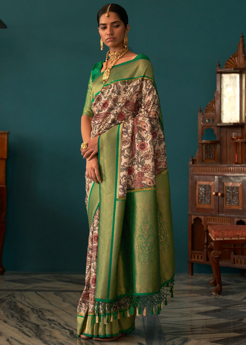 Hippie Green and White Woven Banarasi Tussar Silk Kalamkari Saree