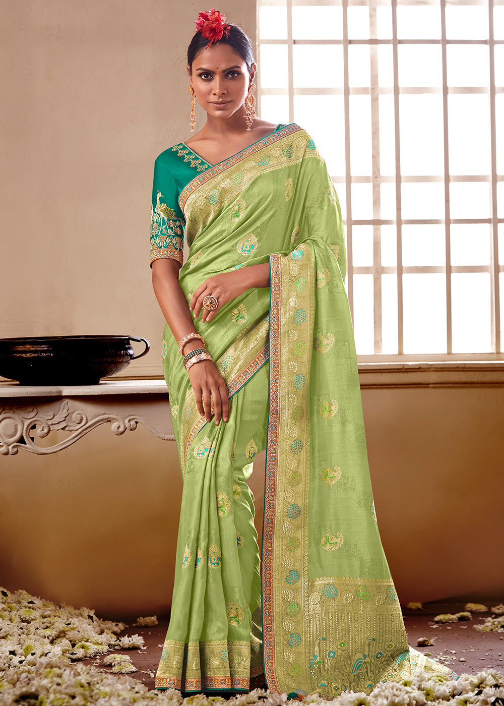 Green Smoke Banarasi Saree with Designer Blouse