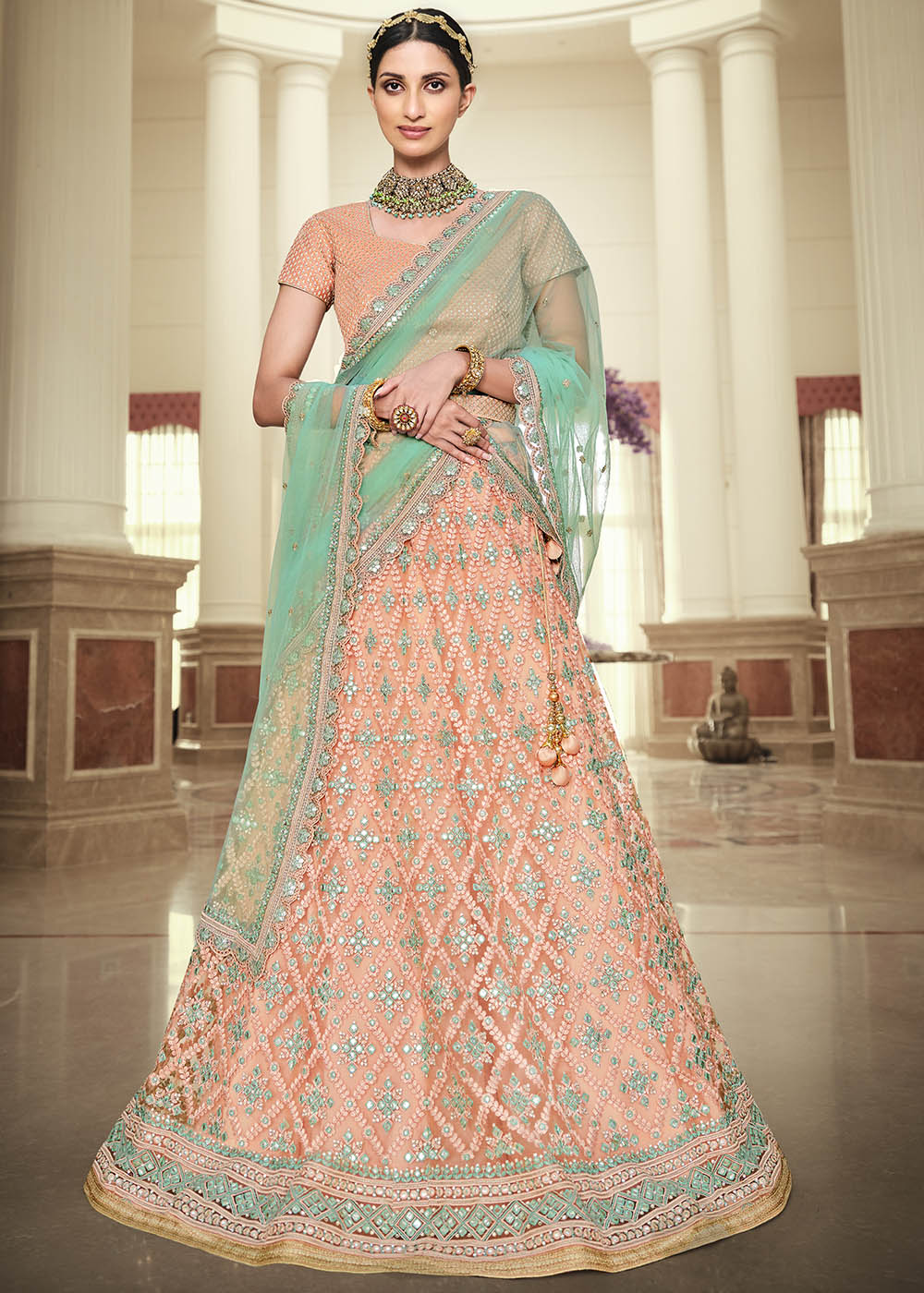 Rose Bud Pink and Sky Blue Net Designer Lehenga With Heavy Embroidered Work