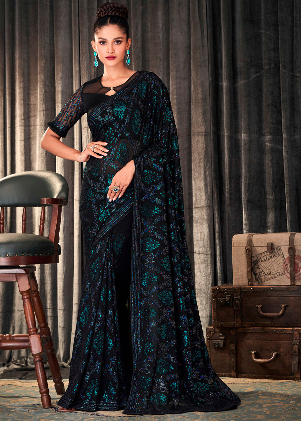 Spectra Black and Green Sequins Embroidered Designer Georgette Saree