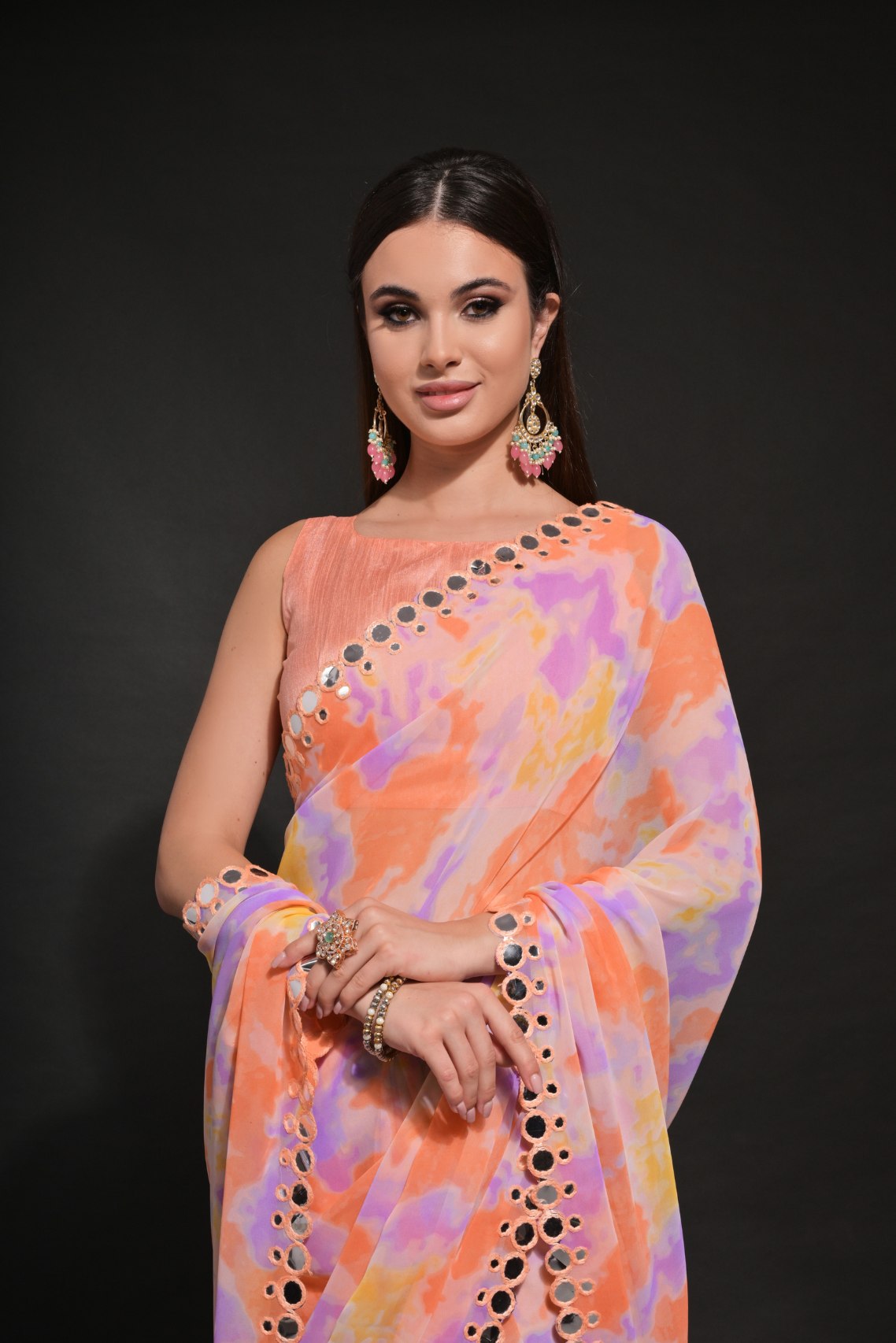 Apricot Orange Printed Georgette Saree