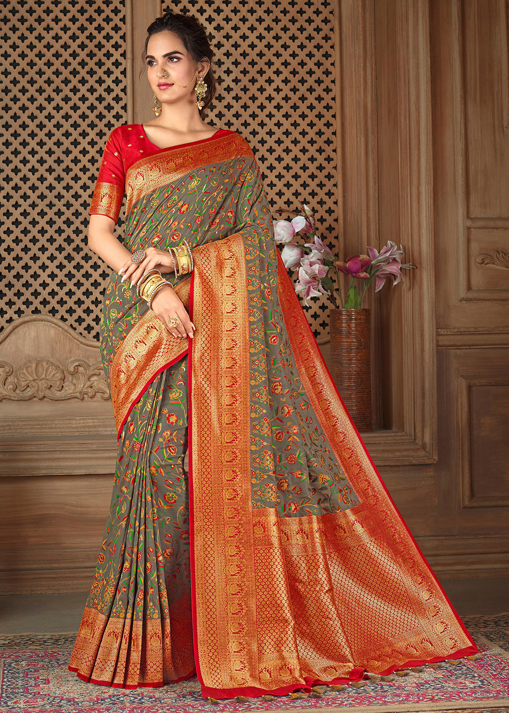 Shadow Grey and Red Zari Woven Banarasi Saree