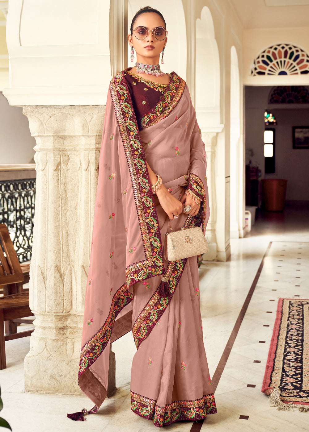 Petite Pink Woven Banarasi Georgette Silk Saree