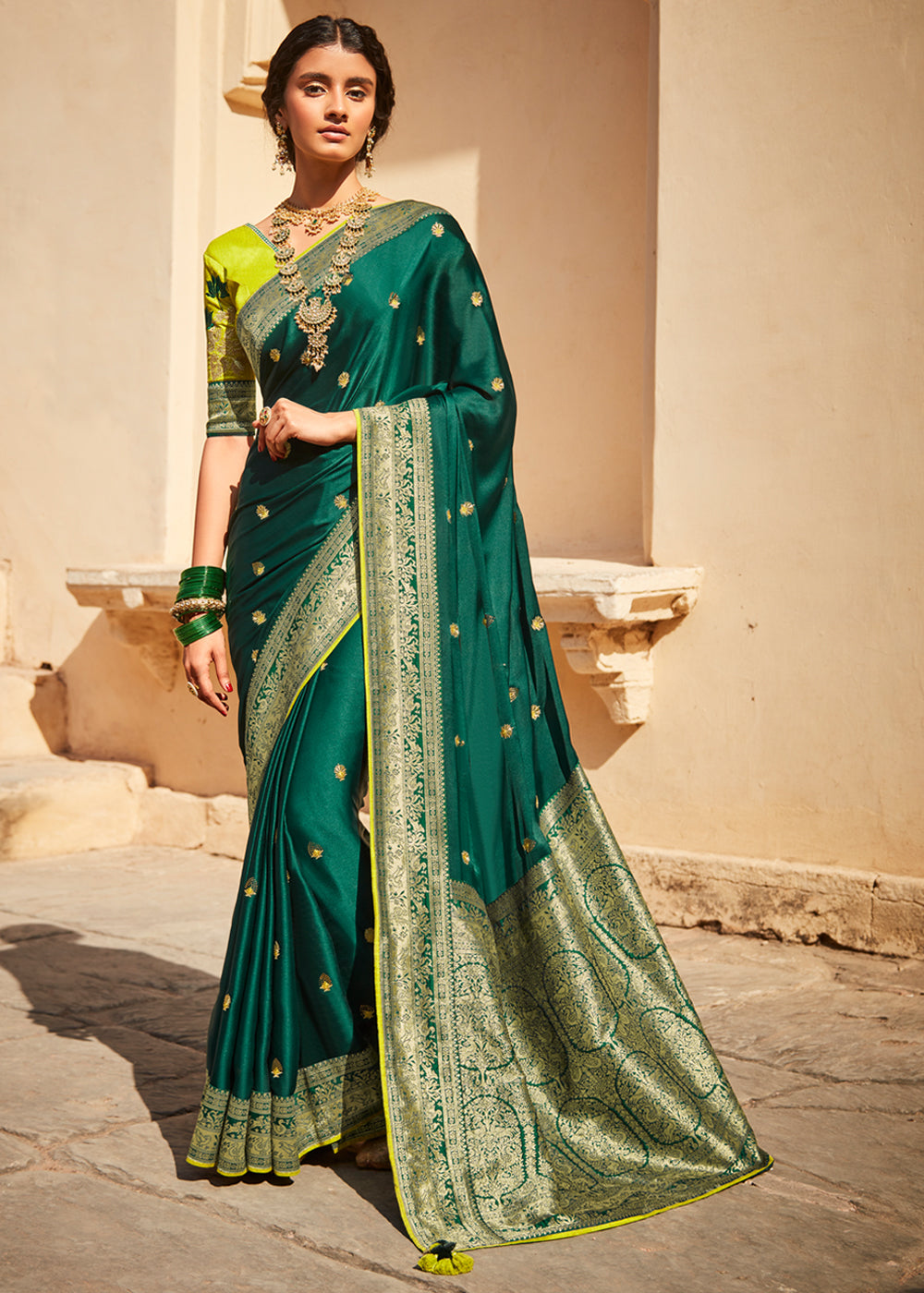 Gable Green Zari Woven Designer Banarasi Saree