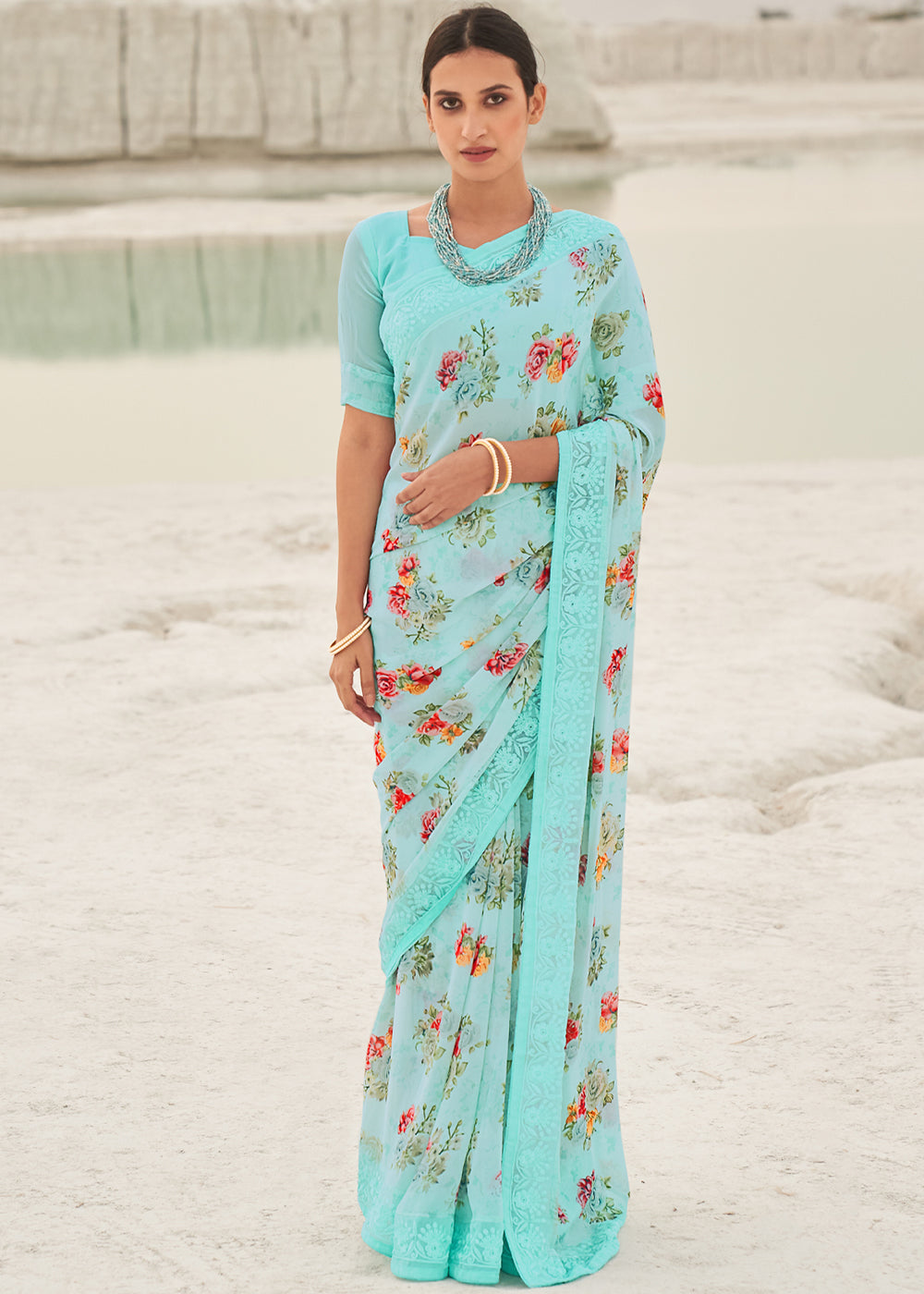 Aqua Island Blue Digital Printed Chiffon Saree