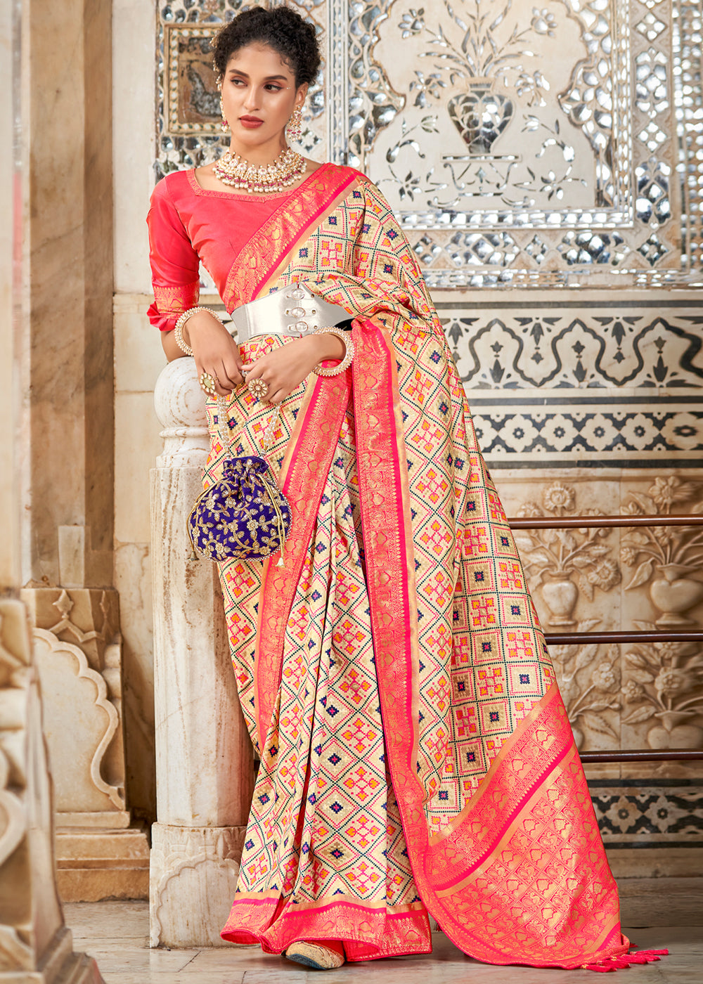 Dairy Cream and Red Zari Woven Patola Saree