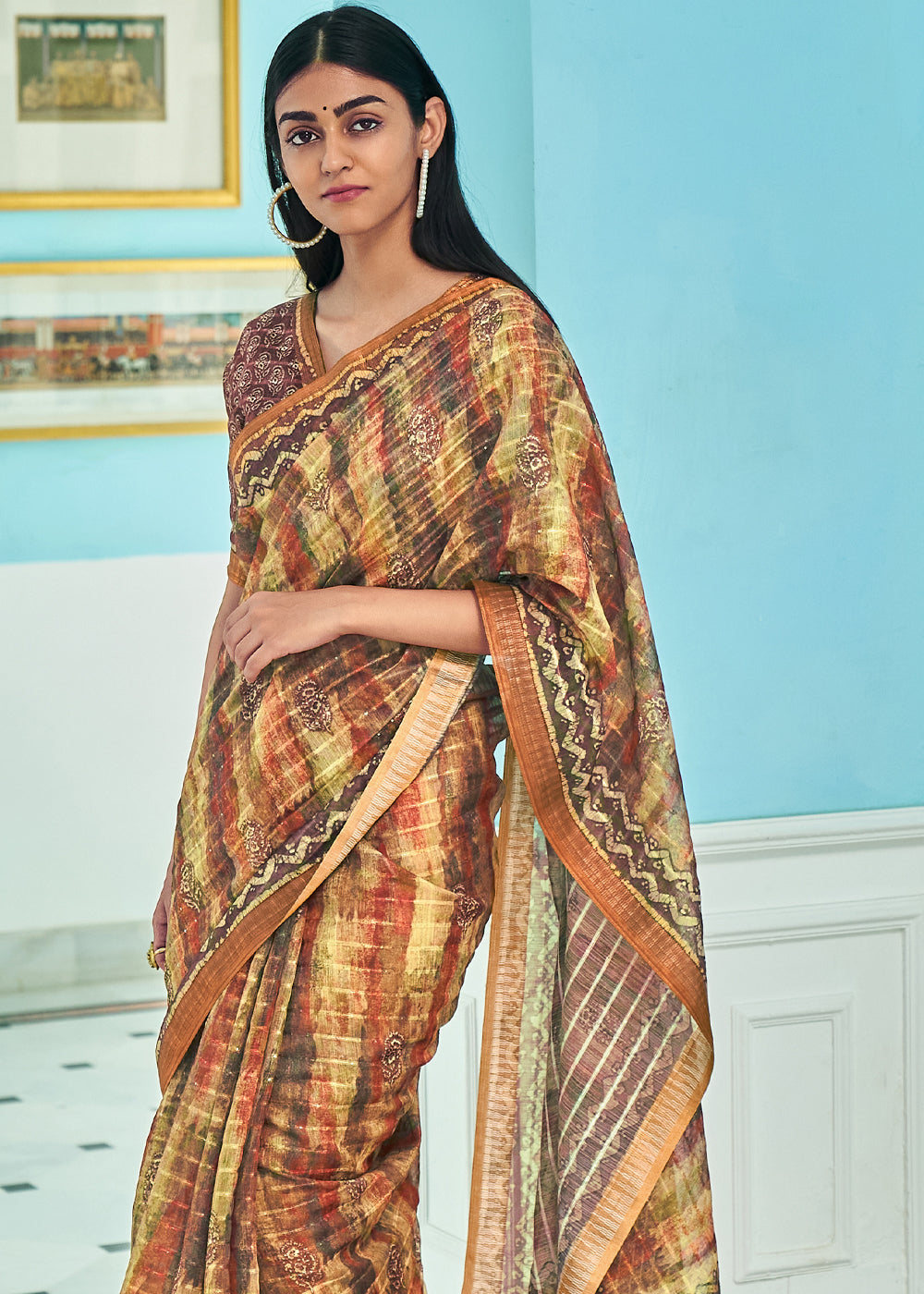 Antique Brown Printed Linen Saree